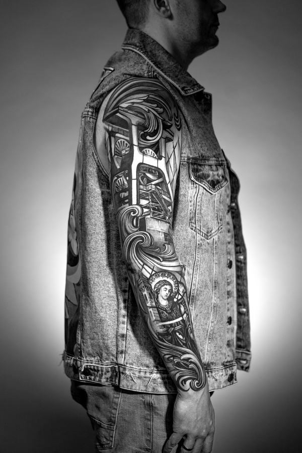 Sleeve zum Thema Ruhrgebiet mit Schriftzug Glück auf in Schwarz und Grau